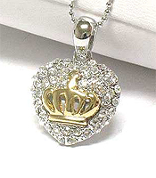 WHITE GOLD PLATING CRYSTAL PUFF HEART WITH TWO TONE CROWN NECKLACE