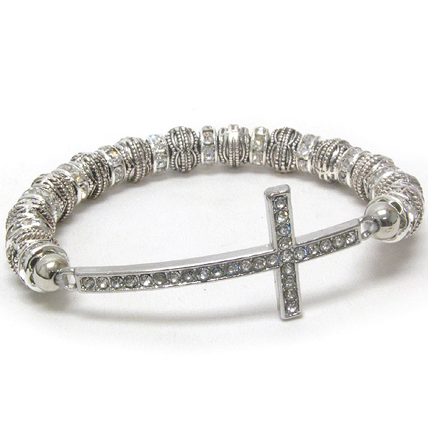 CRYSTAL CROSS AND RONDELLE AND METAL FILIGREE RING LINK STRETCH BRACELET