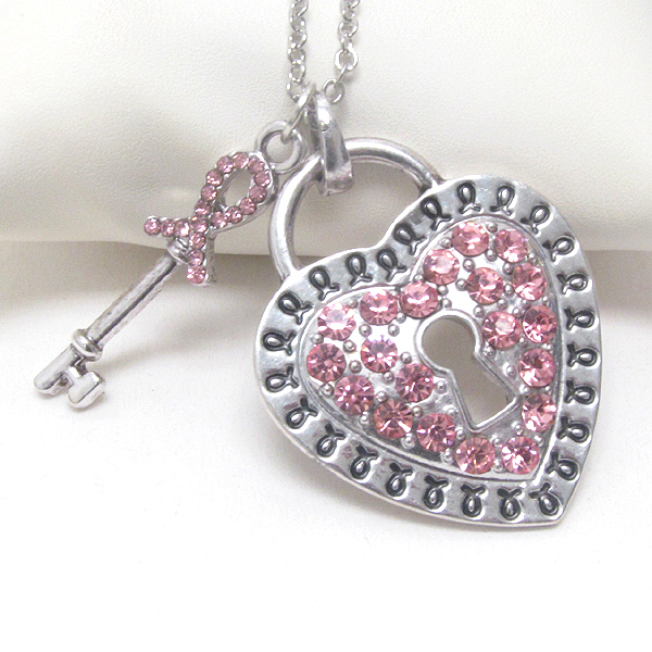 CRYSTAL PINK RIBBON KEY AND HEART LOCK PENDANT NECKLACE - BREAST CANCER AWARENESS