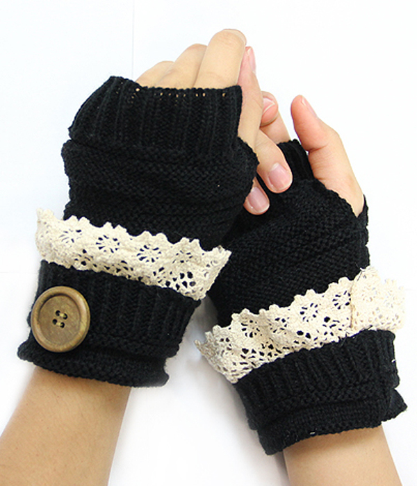 VINTAGE LACE AND BUTTON ACCENT OPEN FINGER KNIT GLOVE OR ARM WARMER