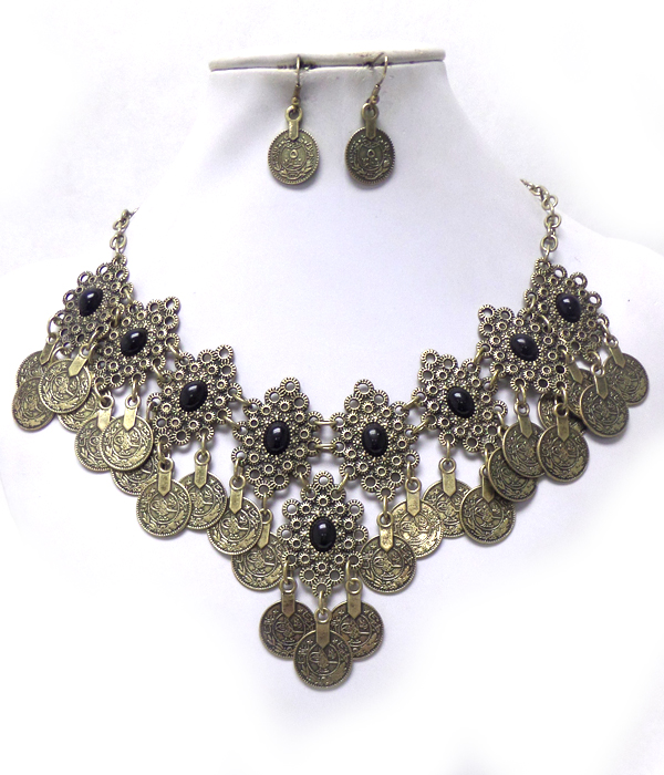 METAL LINKED COINS DROP WITH STONES NECKLACE SET