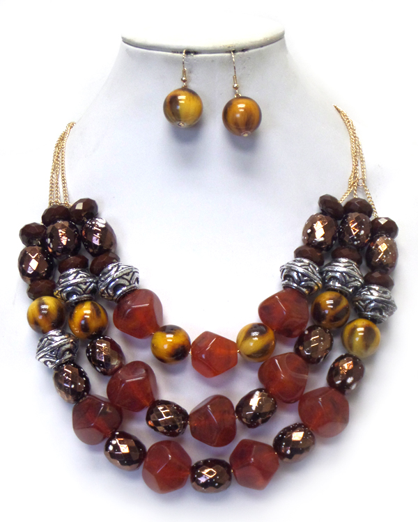 MULTI STONE AND METAL BEAD MIX 3 LAYER NECKLACE SET