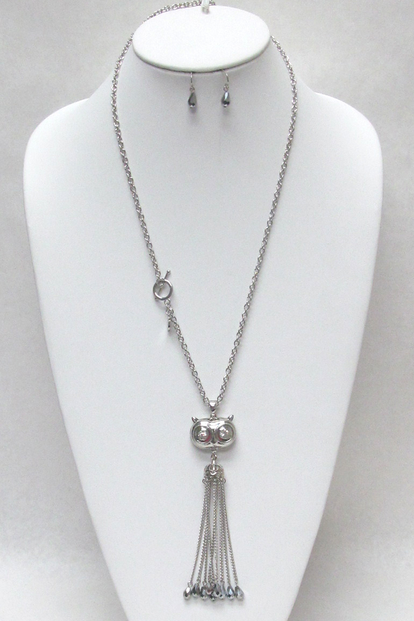 OWL FACE AND CHAIN TASSEL DROP LONG NECKLACE SET