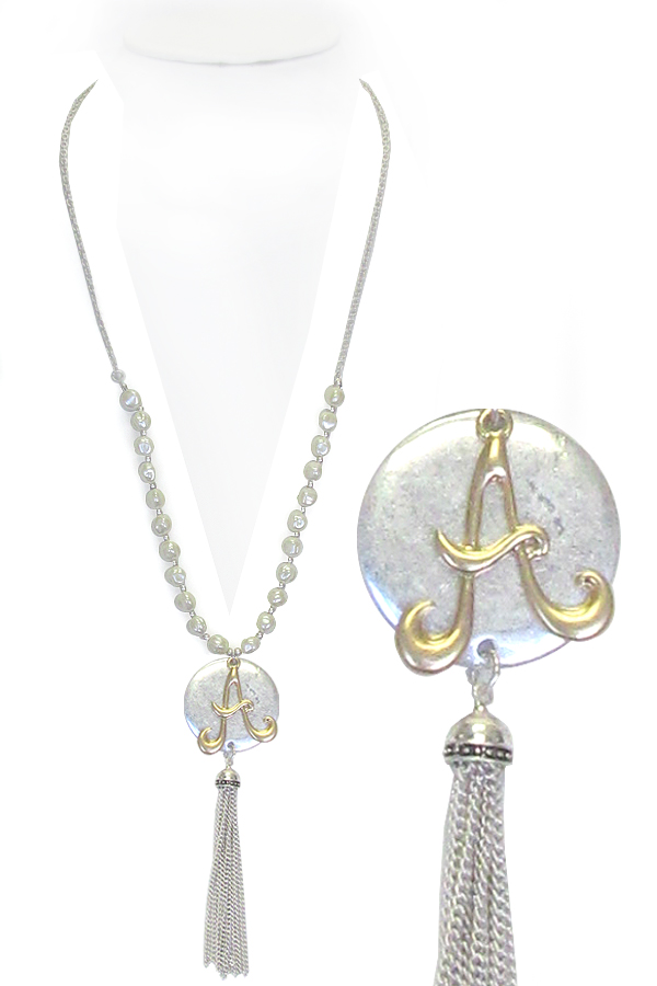 MONOGRAM AND TASSEL DROP LONG PEARL NECKLACE - A