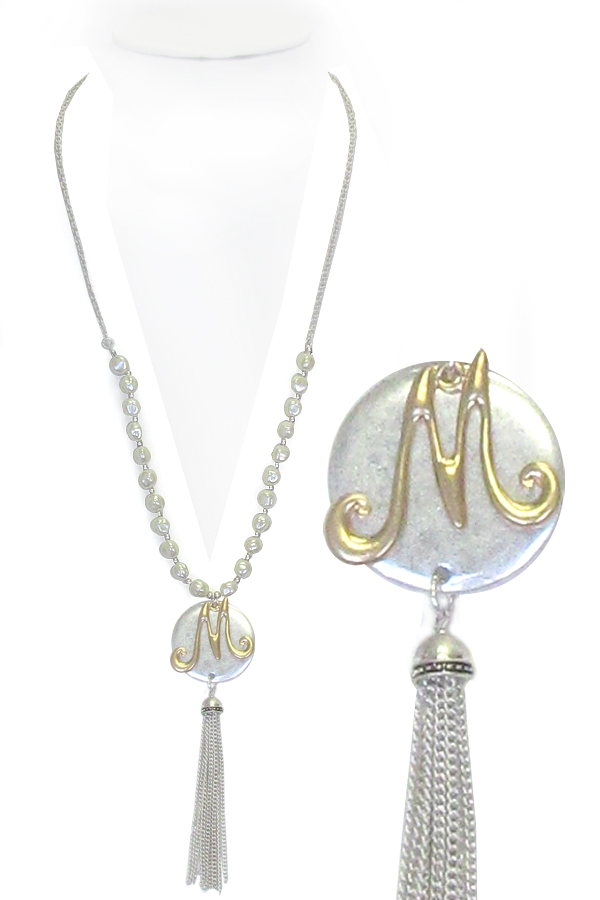 MONOGRAM AND TASSEL DROP LONG PEARL NECKLACE - M