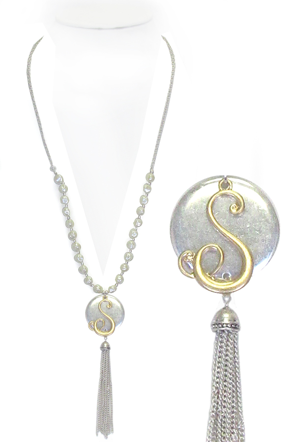 MONOGRAM AND TASSEL DROP LONG PEARL NECKLACE - S