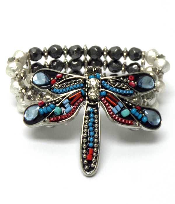DRAGONFLY WITH  CRYSTALS AND BEADS  THREE LAYER LINKED BEADS BRACELET