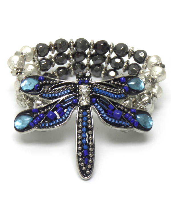DRAGONFLY WITH  CRYSTALS AND BEADS  THREE LAYER LINKED BEADS BRACELET 