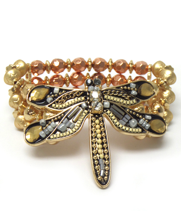 DRAGONFLY WITH  CRYSTALS AND BEADS  THREE LAYER LINKED BEADS BRACELET