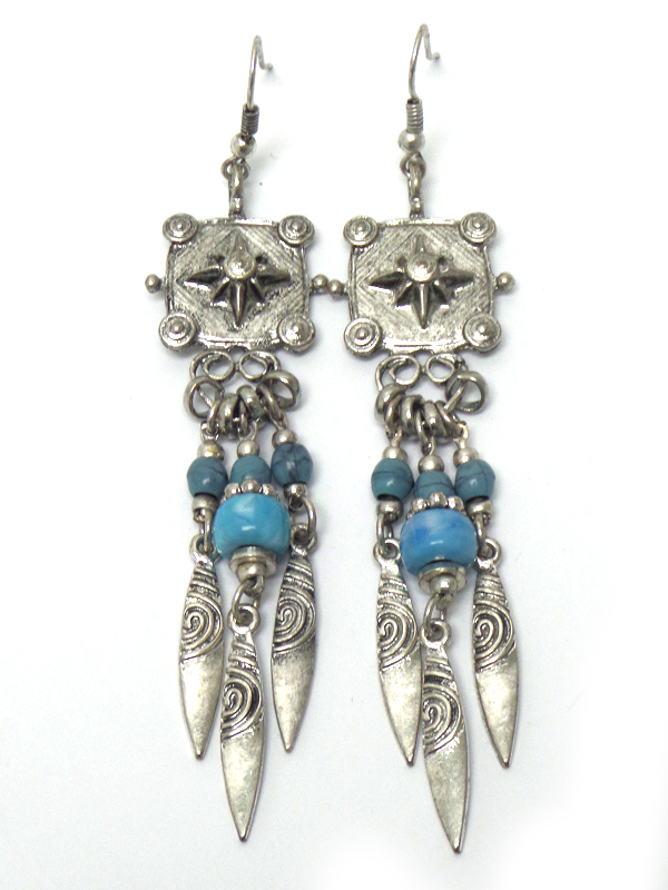 TURQUOISE STONE WITH TEXTURE METAL FISH HOOK EARRINGS