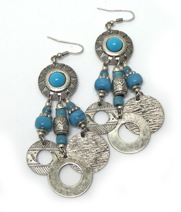 TEXTURED METAL WITH TURQUOISE STONE FISH HOOK EARRINGS