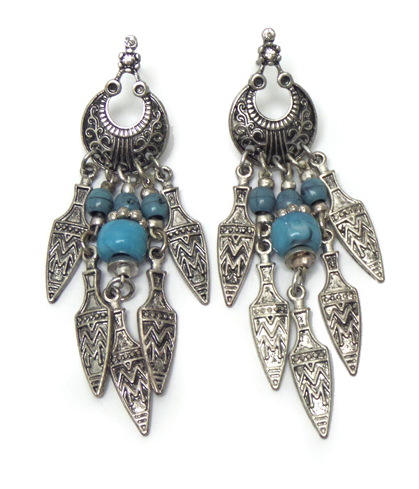 TEXTURED METAL WITH TURQUOISE STONE FISH HOOK EARRINGS