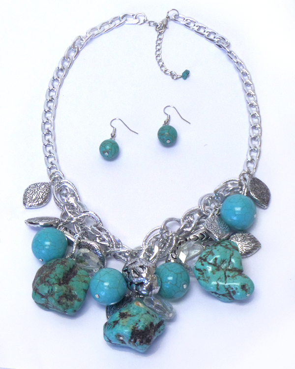 MULTI TURQUOISE AND METAL BEAD DANGLE DROP NECKLACE SET
