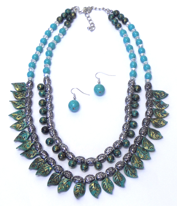 PATINA LEAF AND METAL BALL BEAD DOUBLE LAYER NECKLACE SET