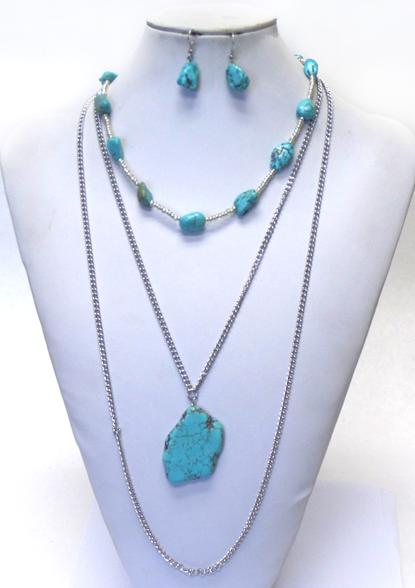 TURQUOISE AND 3 LAYER CHAIN LONG NECKLACE SET