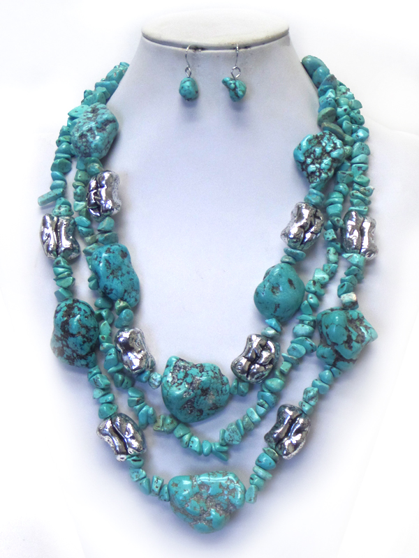 MULTI TURQUOISE STONE AND BEAD MIX 3 LAYER NECKLACE SET