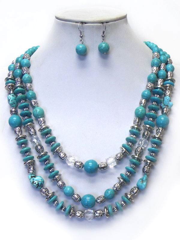 TURQUOISE BALL AND METAL BEAD MIX 3 LAYER NECKLACE SET