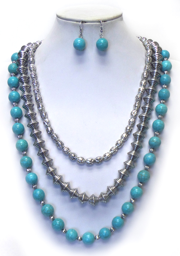 TURQUOISE BALL AND METAL BEAD MIX 3 LAYER NECKLACE SET