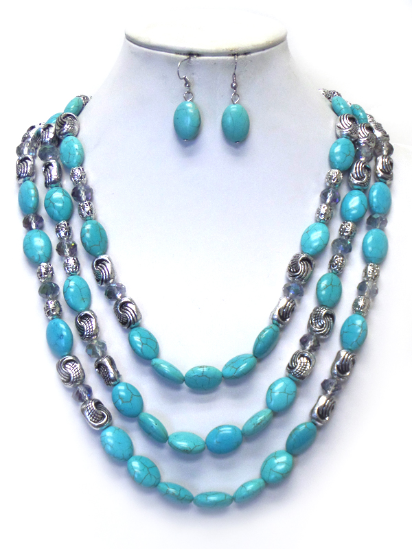 TURQUOISE STONE AND METAL BEAD MIX 3 LAYER NECKLACE SET