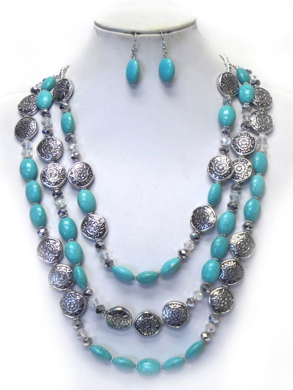TURQUOISE BALL AND METAL DISK MIX 3 LAYER NECKLACE SET