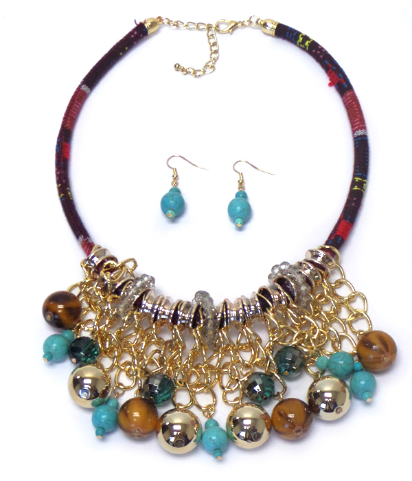 TURQUOISE AND METAL BALL DROP FABRIC CORD NECKLACE SET