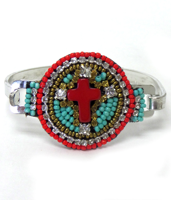 TRIBAL LOOK MULTI LAYER CRYSTAL AND BEADS CROSS ROUND BANGLE BRACELET 