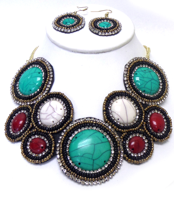 TRIBAL LOOK STONES WITH BEADED BORDERS NECKLACE SET 