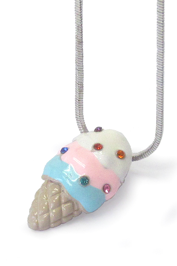 MADE IN KOREA WHITEGOLD PLATING CRYSTAL STUD ICE CREAM CONE PENDANT NECKLACE