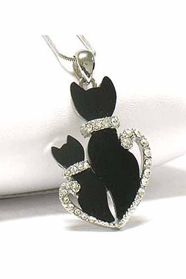 MADE IN KOREA WHITEGOLD PLATING CRYSTAL AND ACRYL DECO DUAL CAT PENDANT NECKLACE