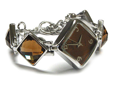 FACET GLASS AND METAL LINK BAND FASHION WATCH
