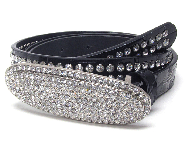 CRYSTAL OVAL METAL BUCKLE WITH TWO LINE CRYSTAL ON LEATHER BELT