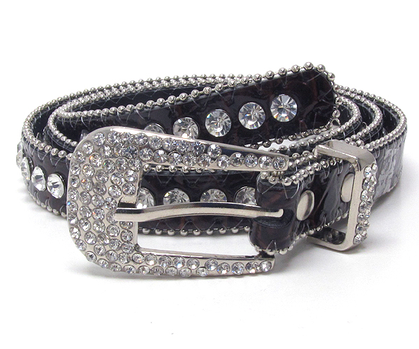 CRYSTAL METAL BUCKLE WITH ONE LINE CRYSTAL WITH SMALL METAL BALLS ON LEATHER BELT