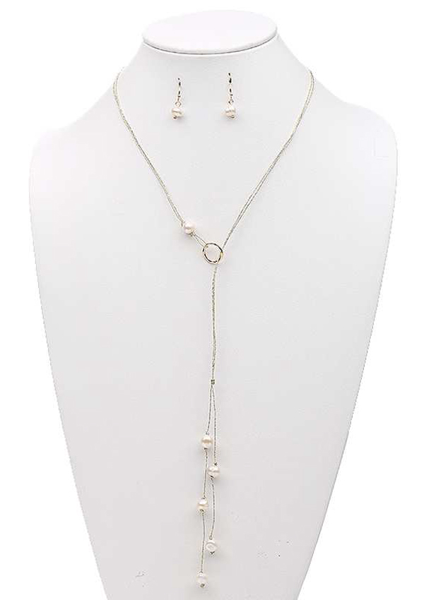 GENUINE FRESH WATER PEARL AND METALLIC CORD Y SHAPE NECKLACE SET