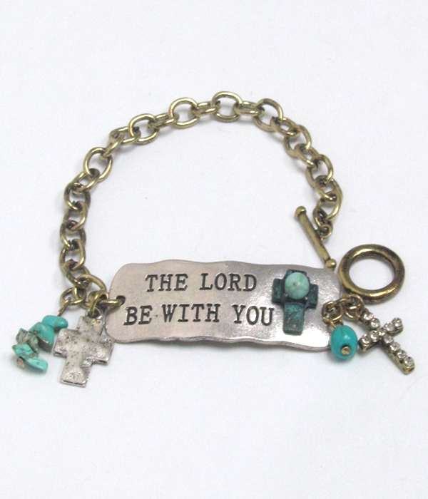 HANDMADE METAL BAR AND CROSS DANGLE TOGGLE BRACELET - THE LORD BE WITH YOU