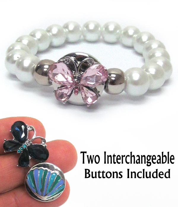 INTERCHANGEABLE BUTTON STRETCH PEARL BRACELET - RANDOMLY PICK 2 BUTTONS INCLUDED