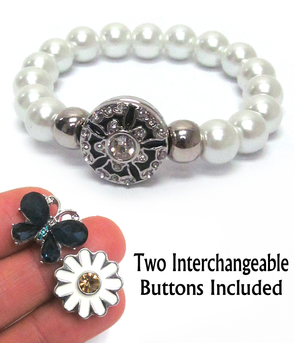 INTERCHANGEABLE BUTTON STRETCH PEARL BRACELET - RANDOMLY PICK 2 BUTTONS INCLUDED