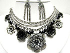 ANTIQUE STYLE CRYSTAL STUD FLOWERS DANGLE  MULTI ROW CHAIN NECKLACE SET