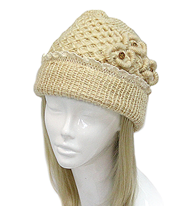 VINTAGE LACE AND BUTTON ACCENT CROCHET BEANIE