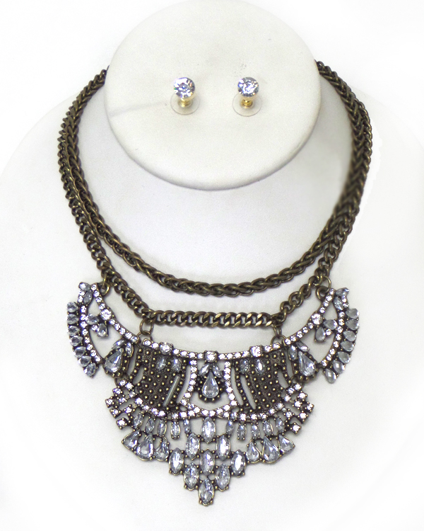 MULTI CRSTAL MIX AND DOUBLE CHAIN STATEMENT NECKLACE SET