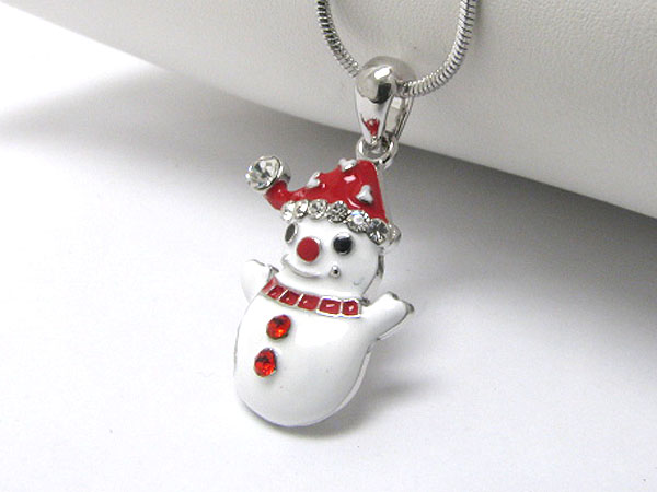 MADE IN KOREA WHITEGOLD PLATING CRYSTAL AND EPOXY CHRISTMAS THEME SNOWMAN PENDANT NECKLACE