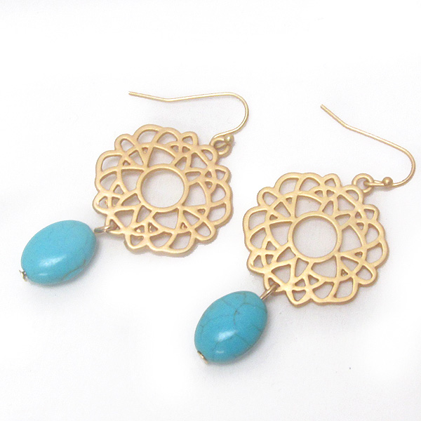 METAL FILIGREE FLOWER AND TURQUOISE DROP EARRING