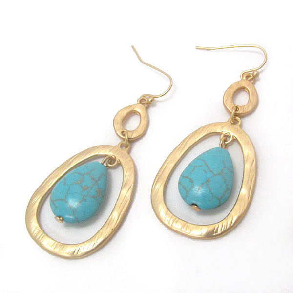 NATURAL SHAPE METAL OVAL AND TURQUOISE EARRING