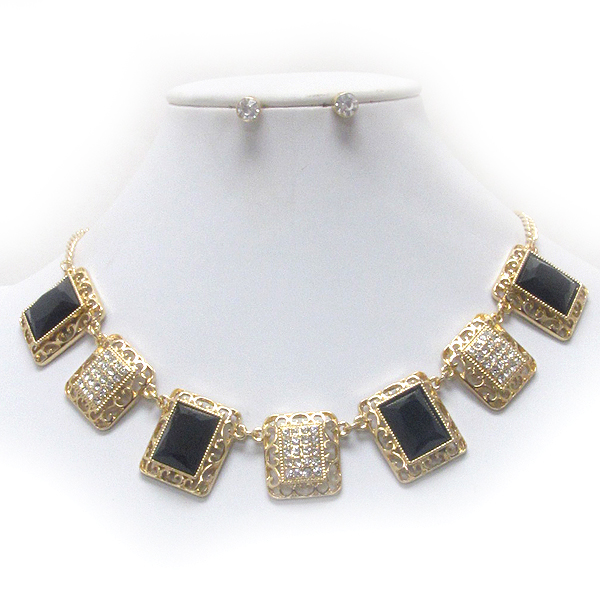 CRYSTAL AND METAL FILIGREE DECO LINK NECKLACE EARRING SET