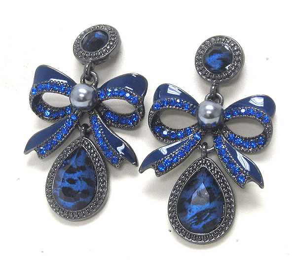 RIBBON CRYSTAL WITH PEARL DROP CRYSTAL GLASS ANIMAL PRINT DROP EARRING