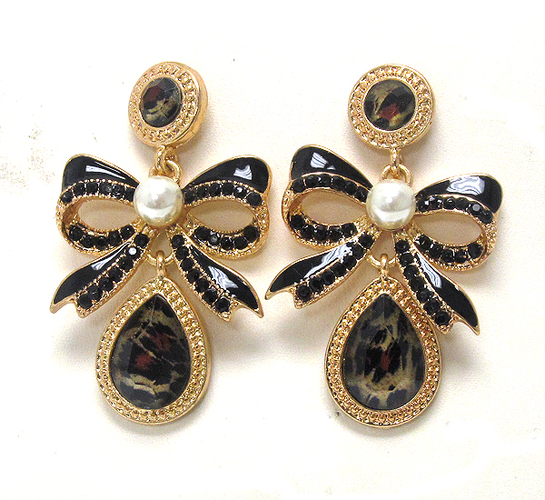 RIBBON CRYSTAL WITH PEARL DROP CRYSTAL GLASS ANIMAL PRINT DROP EARRING
