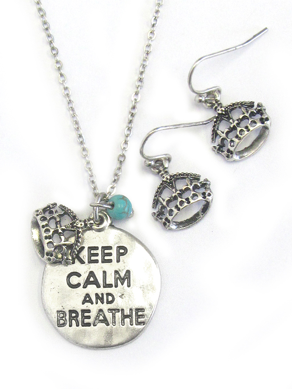 DISK PENDANT NECKLACE SET - KEEP CALM AND BREATHE