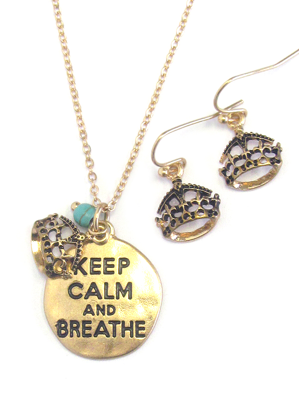 DISK PENDANT NECKLACE SET - KEEP CALM AND BREATHE