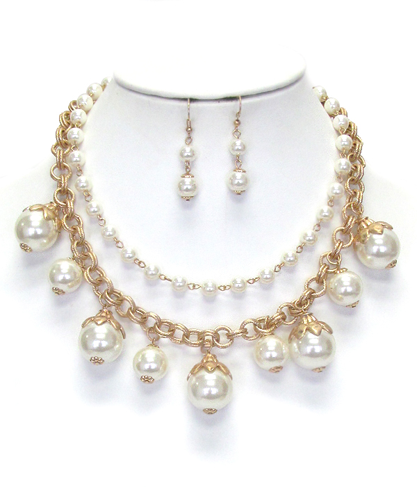 MULTI PEARL DROP DOUBLE LAYER CHAIN NECKLACE SET