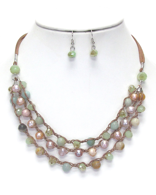FACET STONE AND PEARL LINK 3 LAYER NECKLACE SET