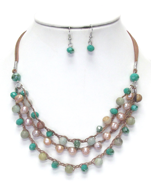FACET STONE AND PEARL LINK 3 LAYER NECKLACE SET